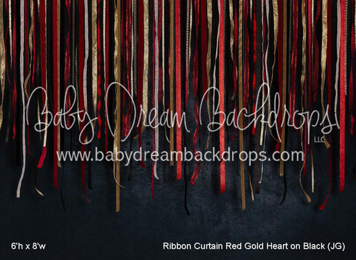 Ribbon Curtain Red Gold Heart on Black (JG)