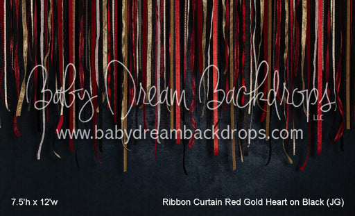 Ribbon Curtain Red Gold Heart on Black (JG)