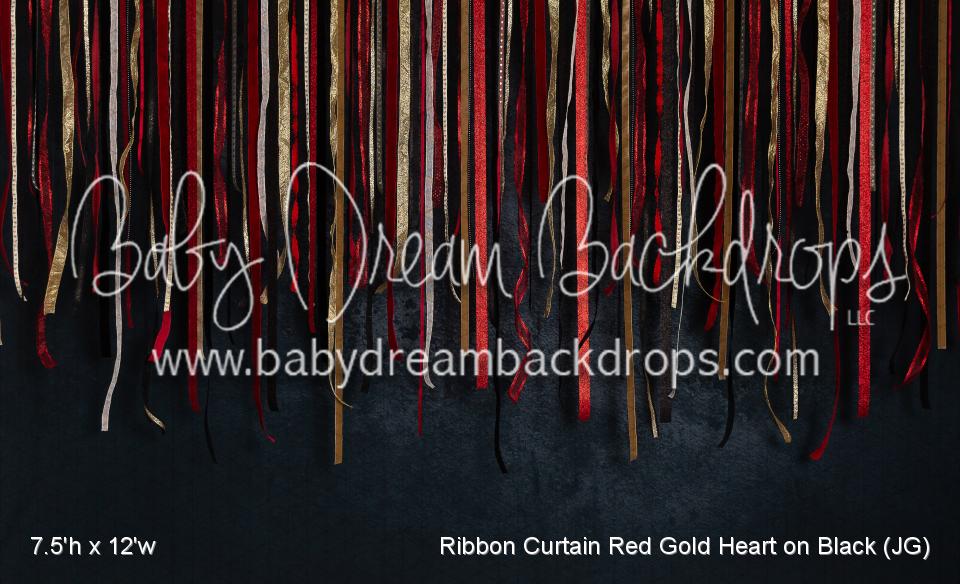 Ribbon Curtain Red Gold Heart on Black (JG)