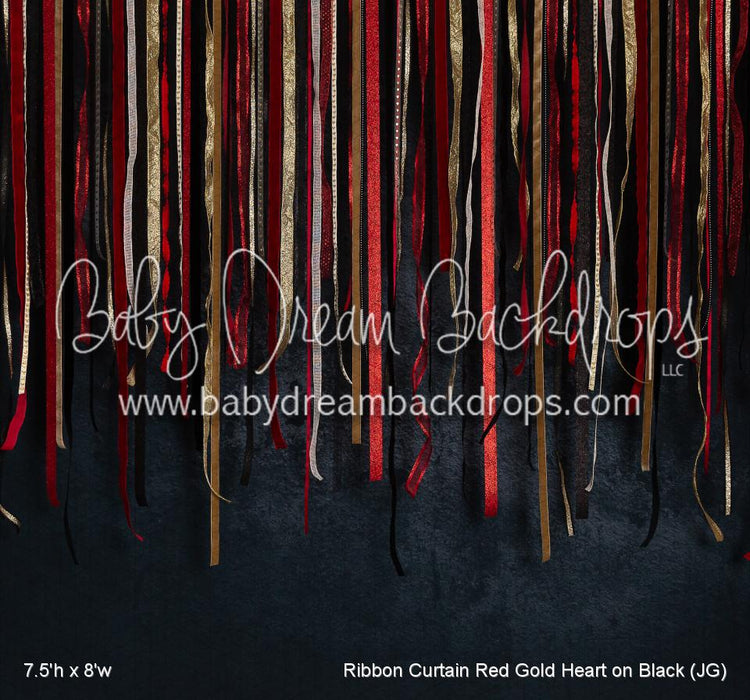 Ribbon Curtain Red Gold Heart on Black (JG)