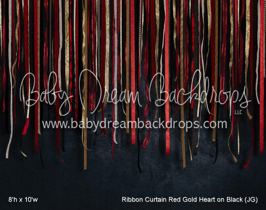 Ribbon Curtain Red Gold Heart on Black (JG)
