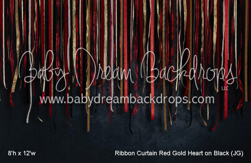 Ribbon Curtain Red Gold Heart on Black (JG)