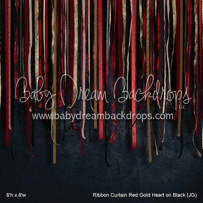 Ribbon Curtain Red Gold Heart on Black (JG)
