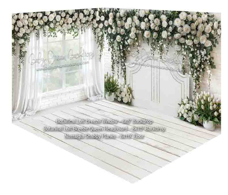 Fabric Room Botanical Loft Breeze Window + Botanical Loft Breeze Queen Headboard + Nostalgia Shabby Planks