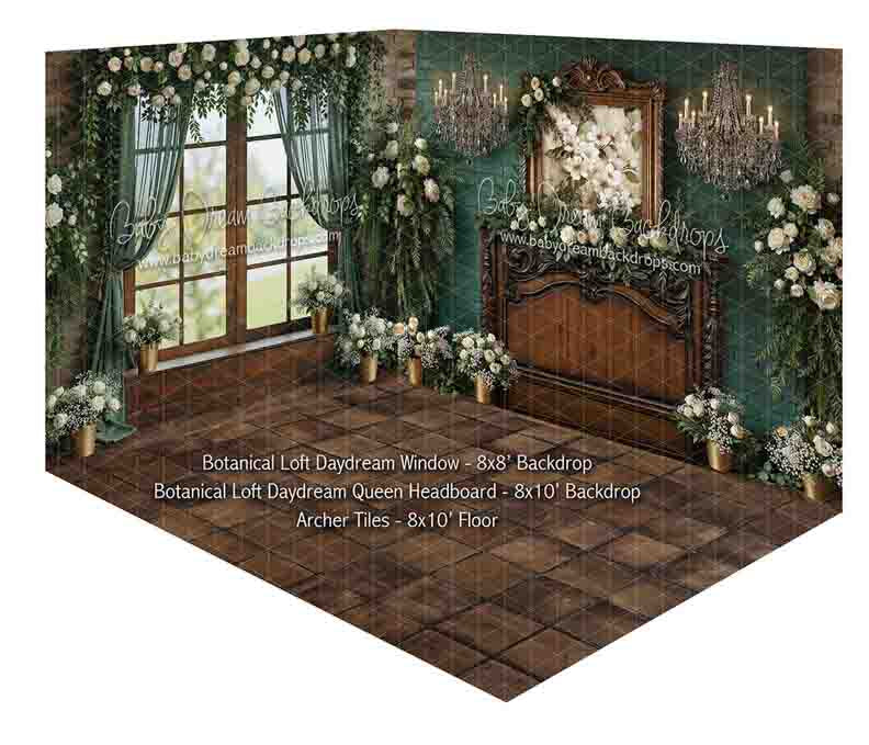Fabric Room Botanical Loft Daydream Window + Botanical Loft Daydream Queen Headboard + Archer Tile