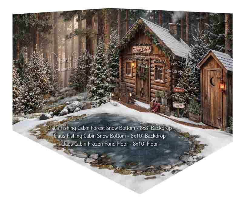 Fabric Room Claus Fishing Cabin Forest Snow Bottom + Claus Fishing Cabin Snow Bottom + Claus Cabin Frozen Pond Floor