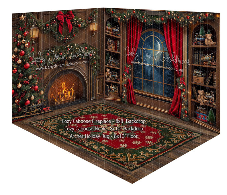 Room Cozy Caboose Fireplace + Cozy Caboose Nook + Archer Holiday Rug
