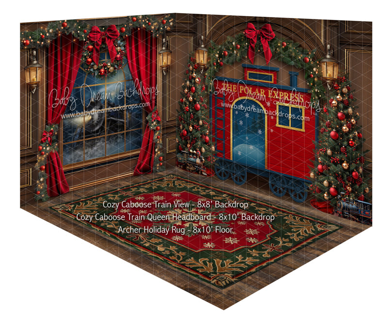 Fabric Room Cozy Caboose Train View + Cozy Caboose Train Queen Headboard + Archer Holiday Rug