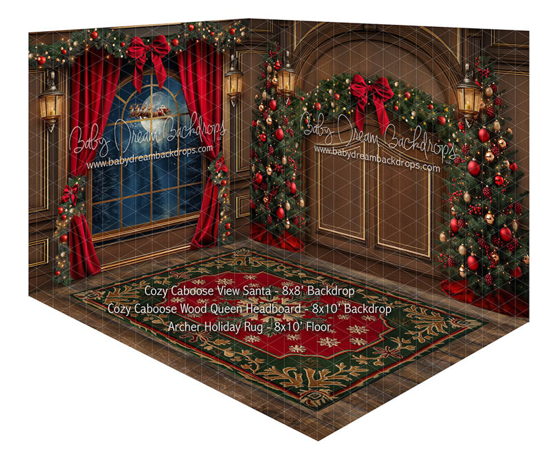 Room Cozy Caboose View Santa + Cozy Caboose Wood Queen Headboard + Archer Holiday Rug