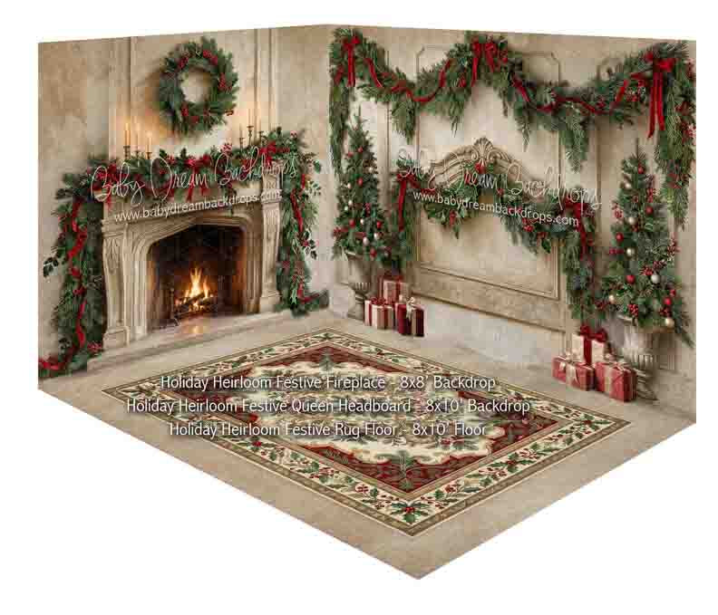 Room Holiday Heirloom Festive Fireplace + Holiday Heirloom Festive Queen Headboard + Holiday Heirloom Festive Rug Floor