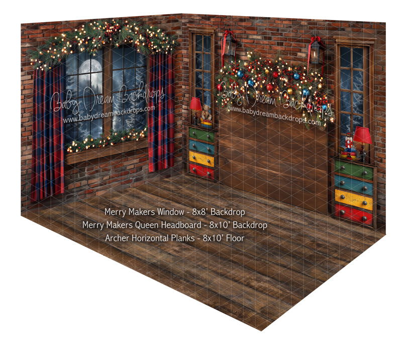 Fabric Room Merry Makers Window + Merry Makers Queen Headboard + Archer Horizontal Planks