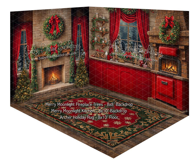 Fabric Room Merry Moonlight Fireplace Trees + Merry Moonlight Kitchen + Archer Holiday Rug