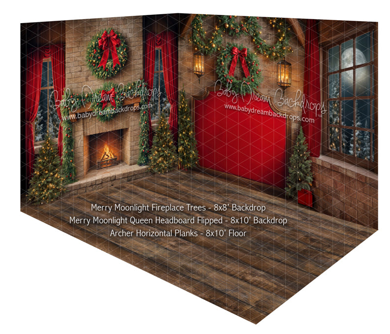 Room Merry Moonlight Fireplace Trees + Merry Moonlight Queen Headboard Flipped + Archer Horizontal Planks