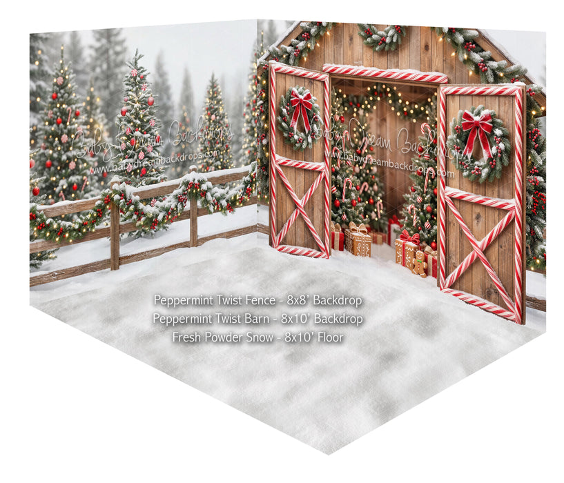 Room Peppermint Twist Fence + Peppermint Twist Barn + Fresh Powder Snow Floor