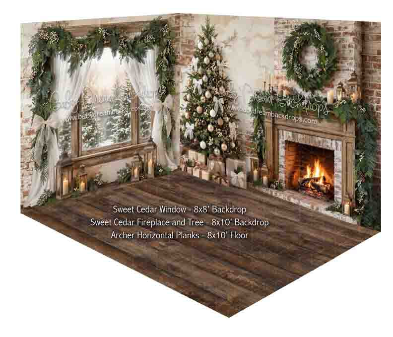 Room Sweet Cedar Window + Sweet Cedar Fireplace and Tree + Archer Horizontal Planks
