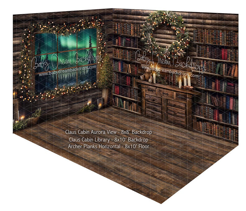 Room Claus Cabin Aurora View + Claus Cabin Library + Archer Planks Horizontal (JA)