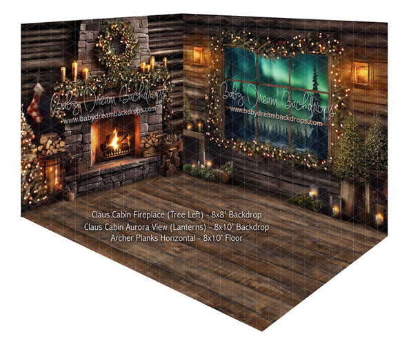 Room Claus Cabin Fireplace (Tree Left) + Claus Cabin Aurora View (Lanterns) + Archer Planks Horizontal (JA)
