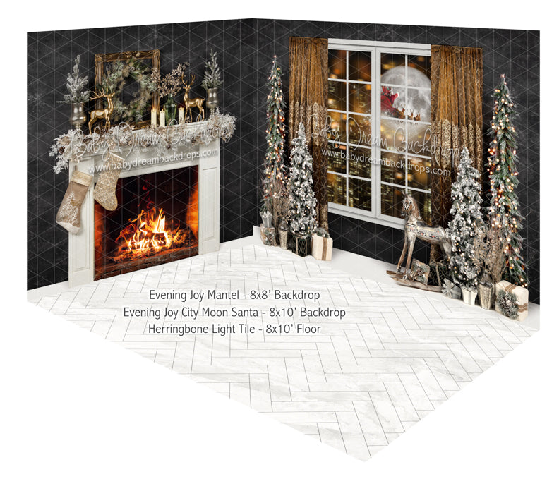 Evening Joy Mantel and Evening Joy City Moon Santa Fabric Room