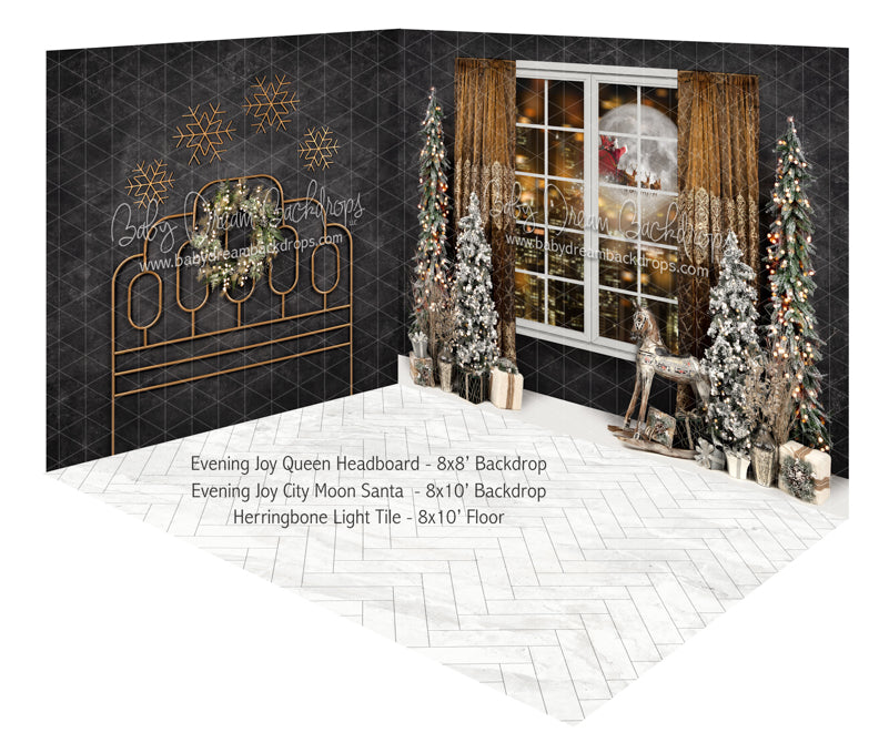 Evening Joy Queen Headboard and Evening Joy City Moon Santa Fabric Room