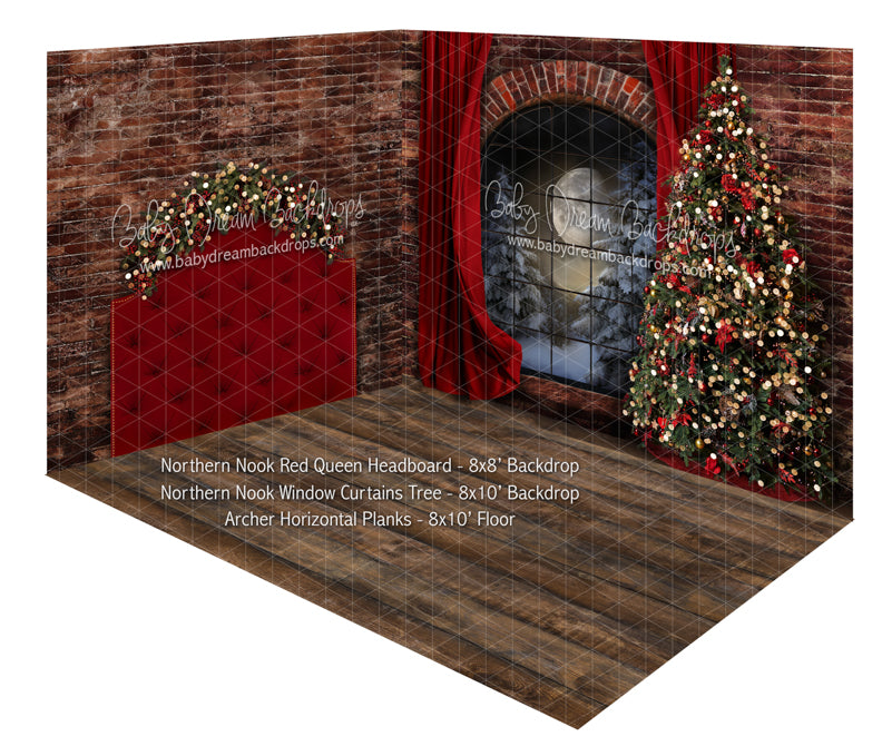 Northern Nook Red Queen Headboard and Northern Nook Window Curtain Tree Fabric Room