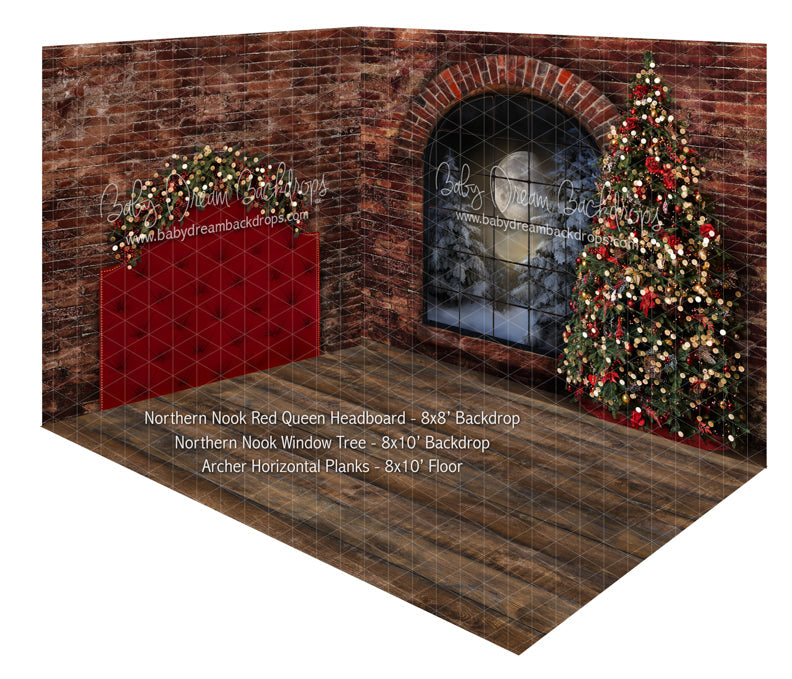 Northern Nook Red Queen Headboard and Northern Nook Window Tree Fabric Room