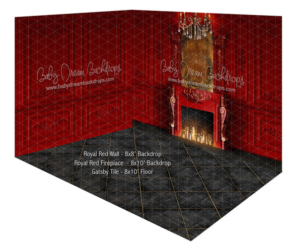 Royal Red Wall and Fireplace Fabric Room