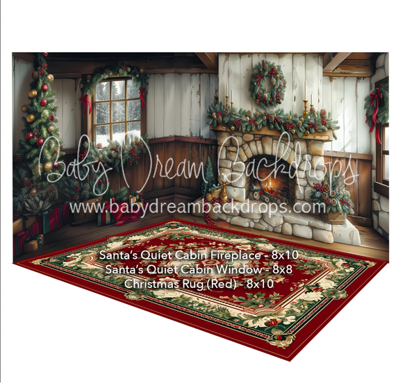 Fabric Room Santa's Quiet Cabin Fireplace + Santa's Quiet Cabin Window + Christmas Rug (Red)