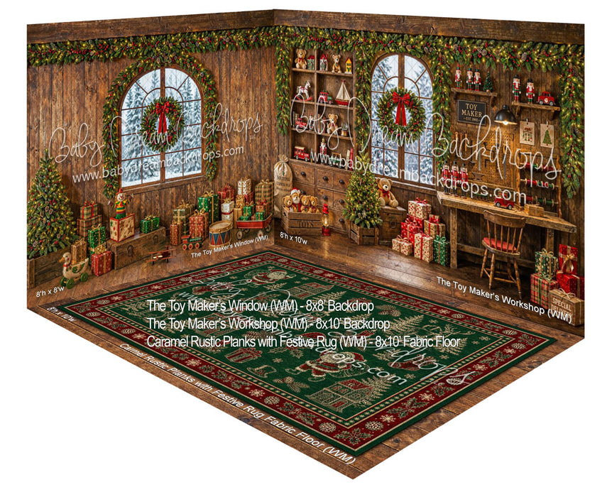 Fabric Room The Toy Maker's Workshop + The Toy Maker's Window + Caramel Rustic Planks with Festive Rug Fabric Floor (WM)