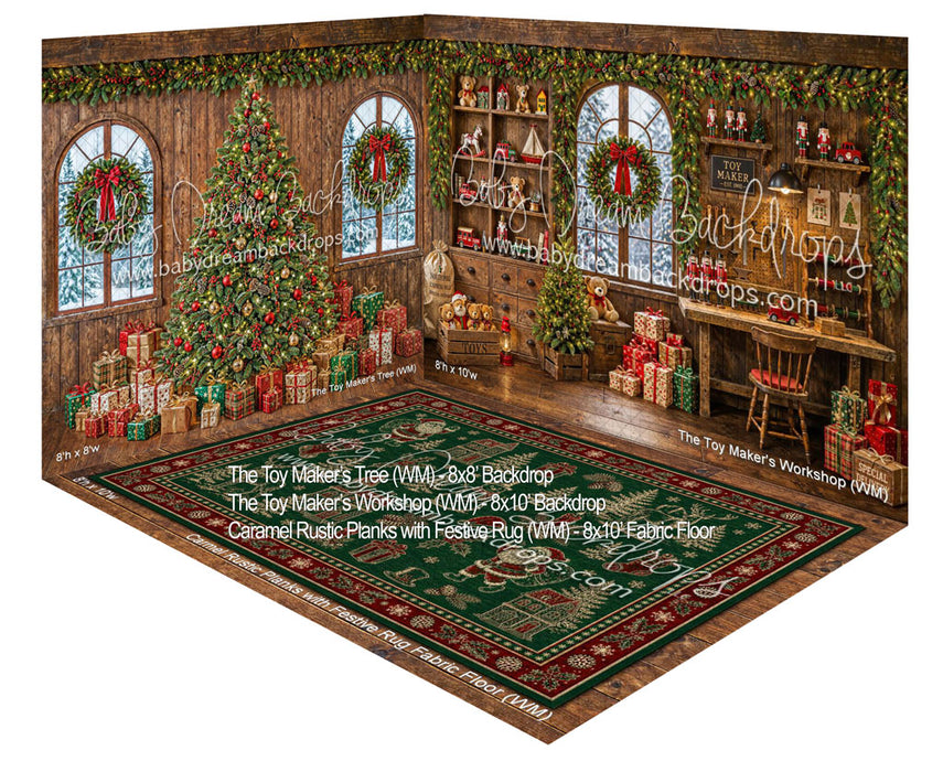 Room The Toy Maker's Workshop + The Toy Maker's Tree + Caramel Rustic Planks with Festive Rug Floor (WM)