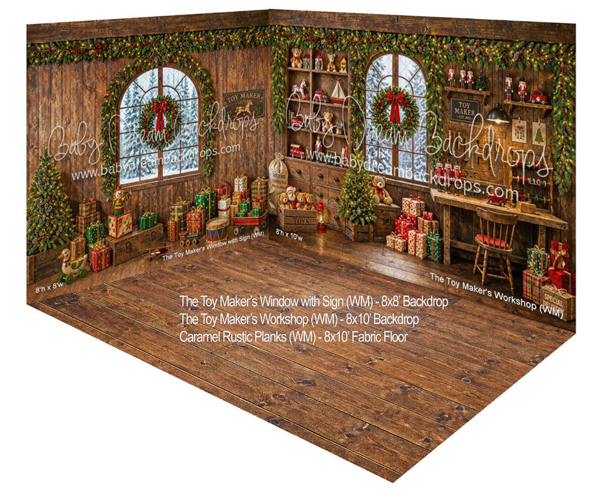 Fabric Room The Toy Maker's Workshop + The Toy Maker's Window with Sign + Caramel Rustic Planks Fabric Floor (WM)