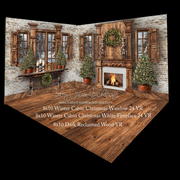 Winter Cabin Christmas Window 24  and Winter Cabin Christmas White Fireplace 24 Fabric Room