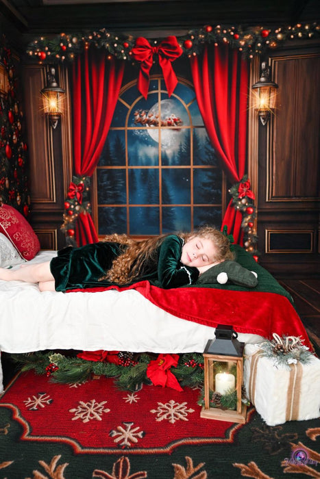 Room Cozy Caboose View Santa + Cozy Caboose Wood Queen Headboard + Archer Holiday Rug