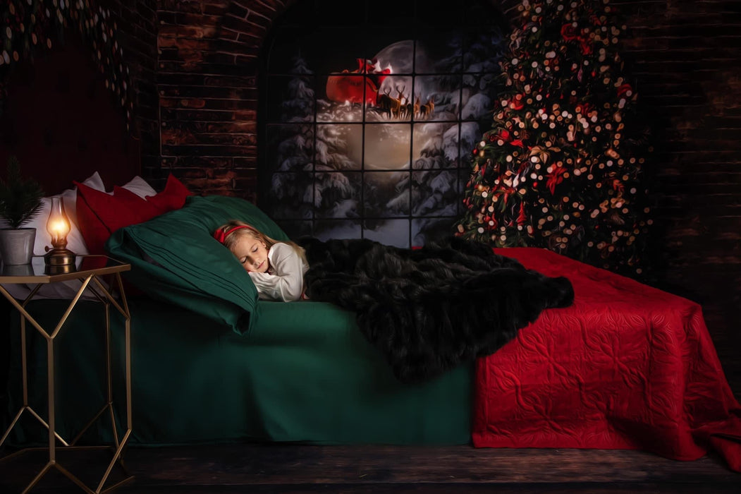 Northern Nook Red Queen Headboard and Northern Nook Window Curtains Santa Tree Fabric Room