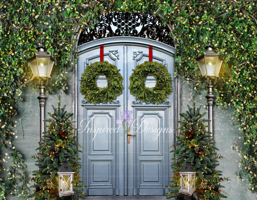 Christmas Entrance Blue Doors Green Trees