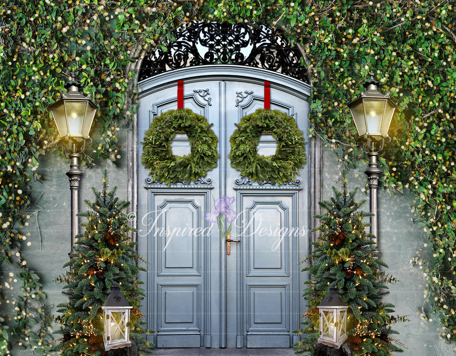 Christmas Entrance Blue Doors Green Trees