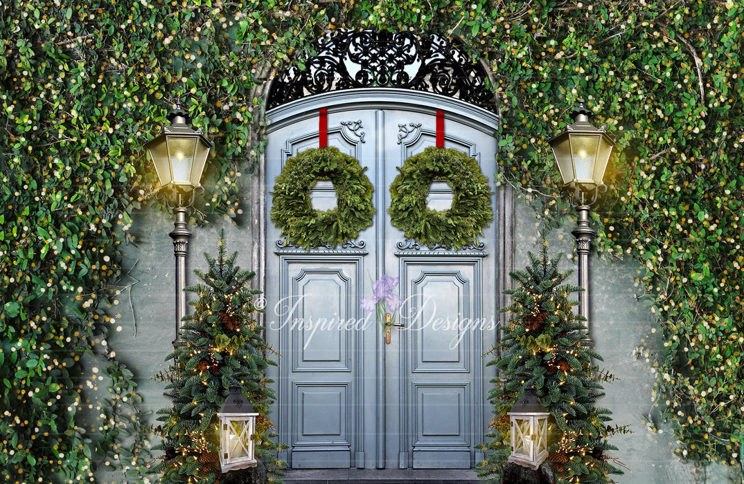 Christmas Entrance Blue Doors Green Trees
