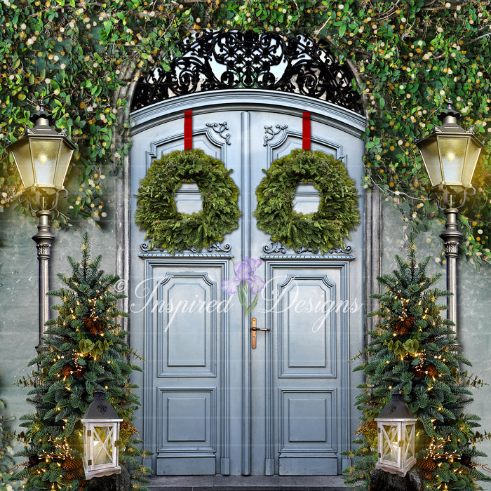 Christmas Entrance Blue Doors Green Trees