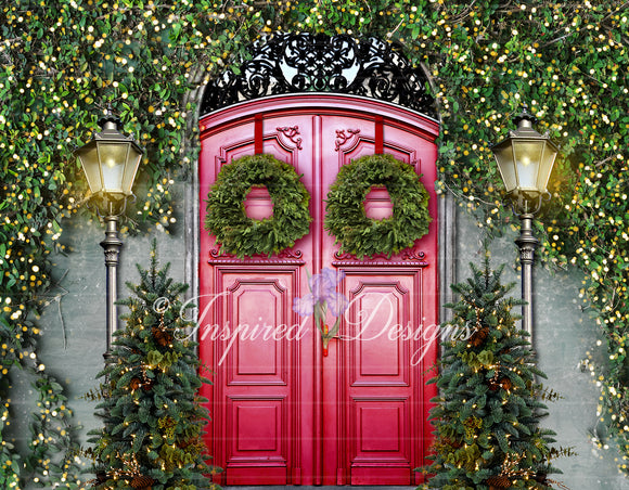 Christmas Entrance Red Doors Green Trees