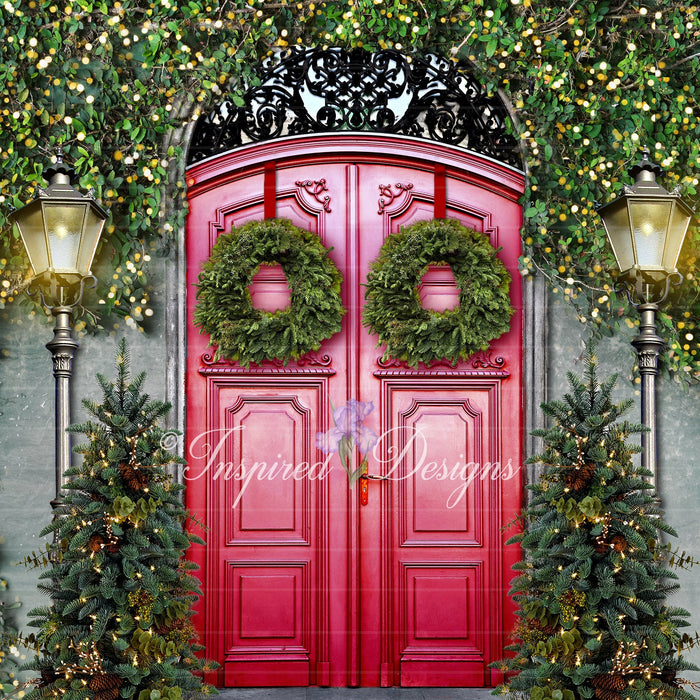 X Drop christmas entrance red doors green trees