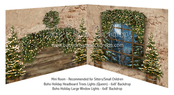 Boho Holiday Headboard Trees Lights Queen and Large Window Lights