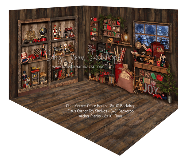Claus Corner Office Hours and Claus Corner Toy Shelves Room