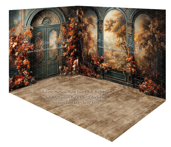 Room Autumn Mansion Mural Door + Autumn Mansion Mural + Heirloom Calm Jute