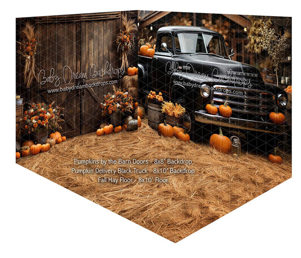 Room Pumpkins by the Barn Doors + Pumpkin Delivery Black Truck + Fall Hay Floor 