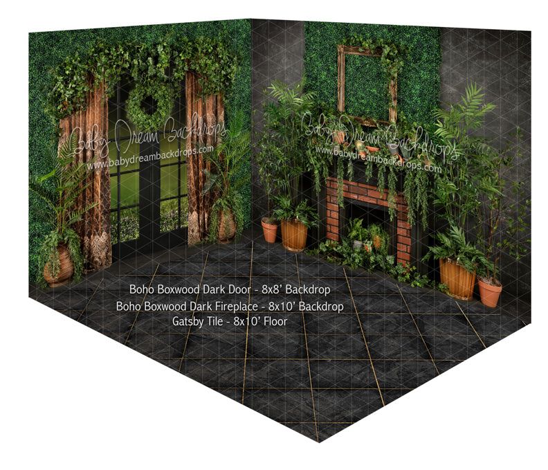 Boho Boxwood Dark Door and Fireplace Room