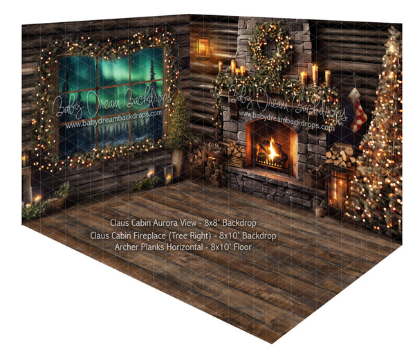 Room Claus Cabin Aurora View + Claus Cabin Fireplace (Tree Right) + Archer Planks Horizontal (JA)