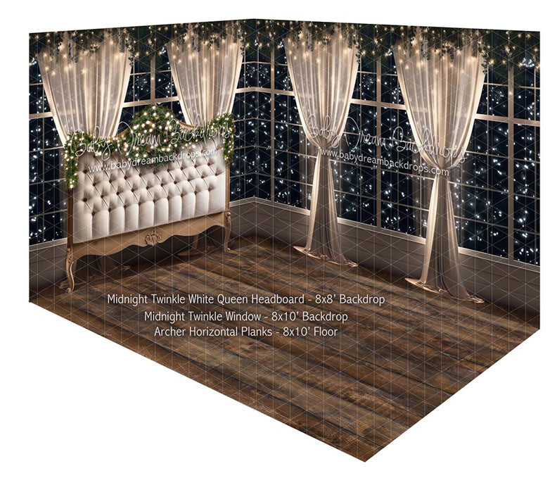 Room Midnight Twinkle White Queen Headboard + Midnight Twinkle Window + Archer Horizontal Planks 