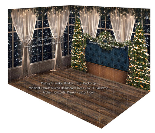 Room Midnight Twinkle Window + Midnight Twinkle Queen Headboard Trees + Archer Horizontal Planks 