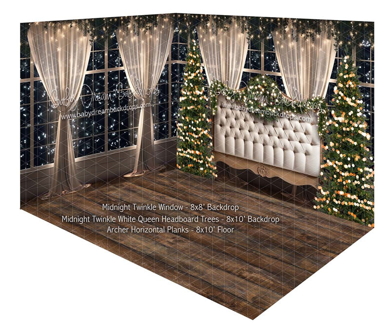 Room Midnight Twinkle Window + Midnight Twinkle White Queen Headboard Trees + Archer Horizontal Planks 