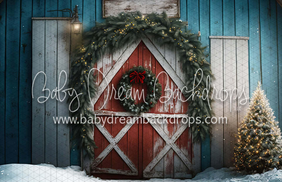 Rustic Blue Christmas Barn Closeup (MD)