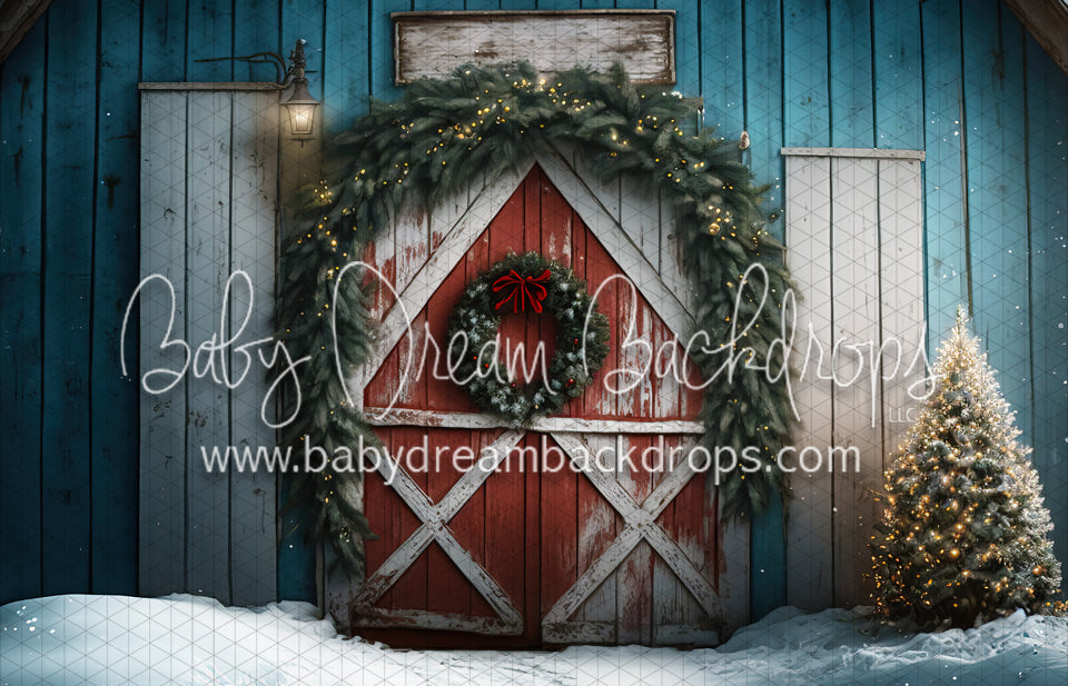 Rustic Blue Christmas Barn Closeup (MD)